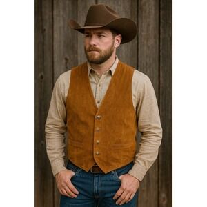 VINTAGE 1980'S BEYOND LEATHER 4 BUTTON GENUINE LEATHER BROWN VEST, MEN'S MEDIUM